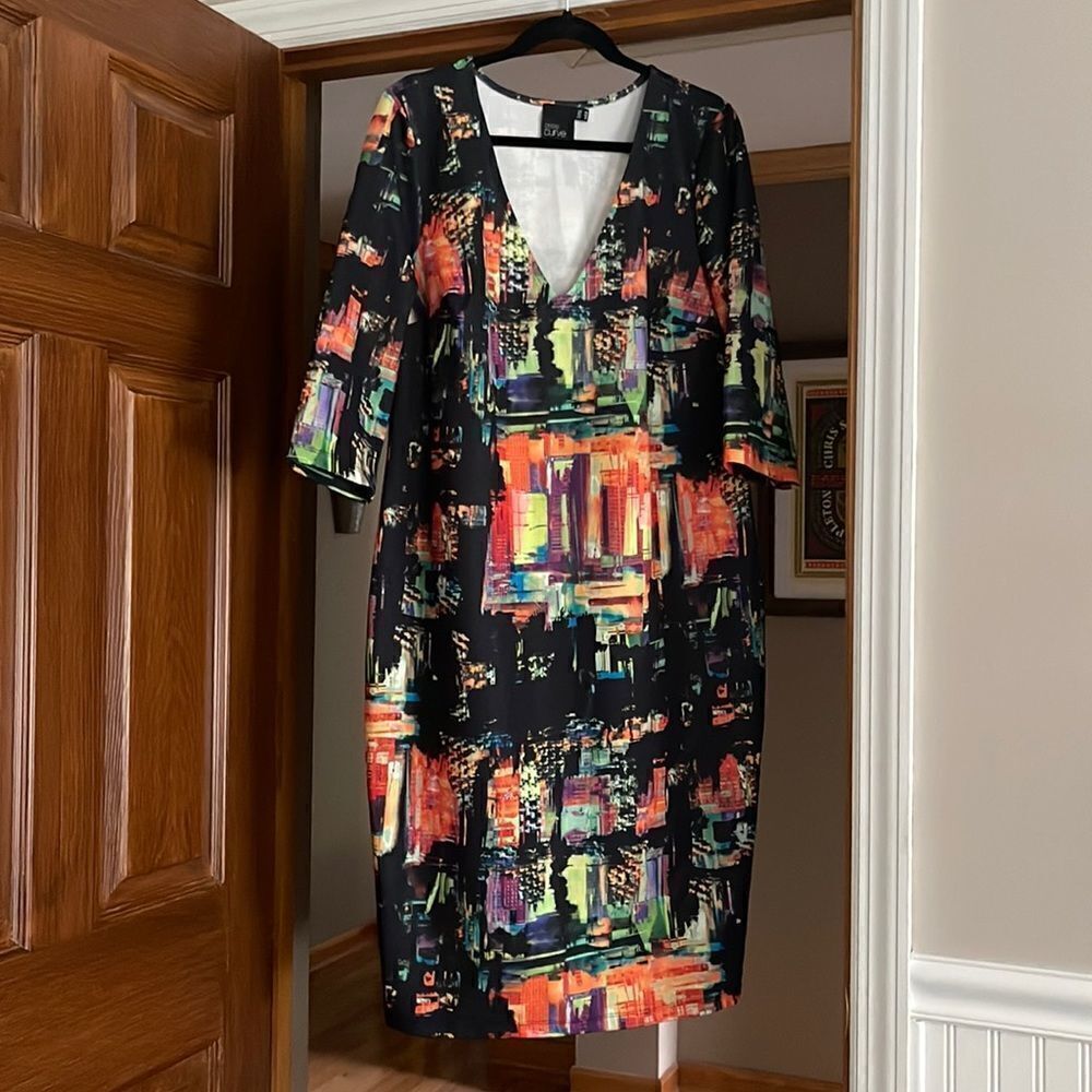 ASOS Curve Black and Orange Sheath Dress V-Neck 3/4 Sleeve